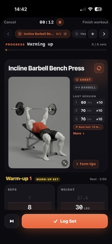 Active workout: Incline Barbell Bench Press with last session, warm-up set, reps and weight controls and Log Set button