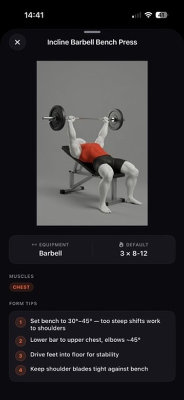 Exercise demonstration for Incline Barbell Bench Press with form tips